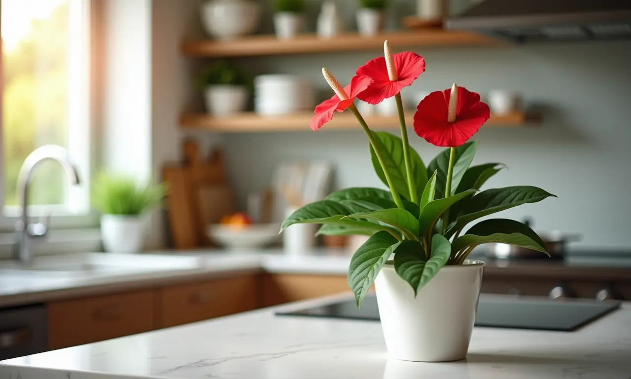Antúrio na bancada da cozinha, adicionando cor e alegria ao espaço.