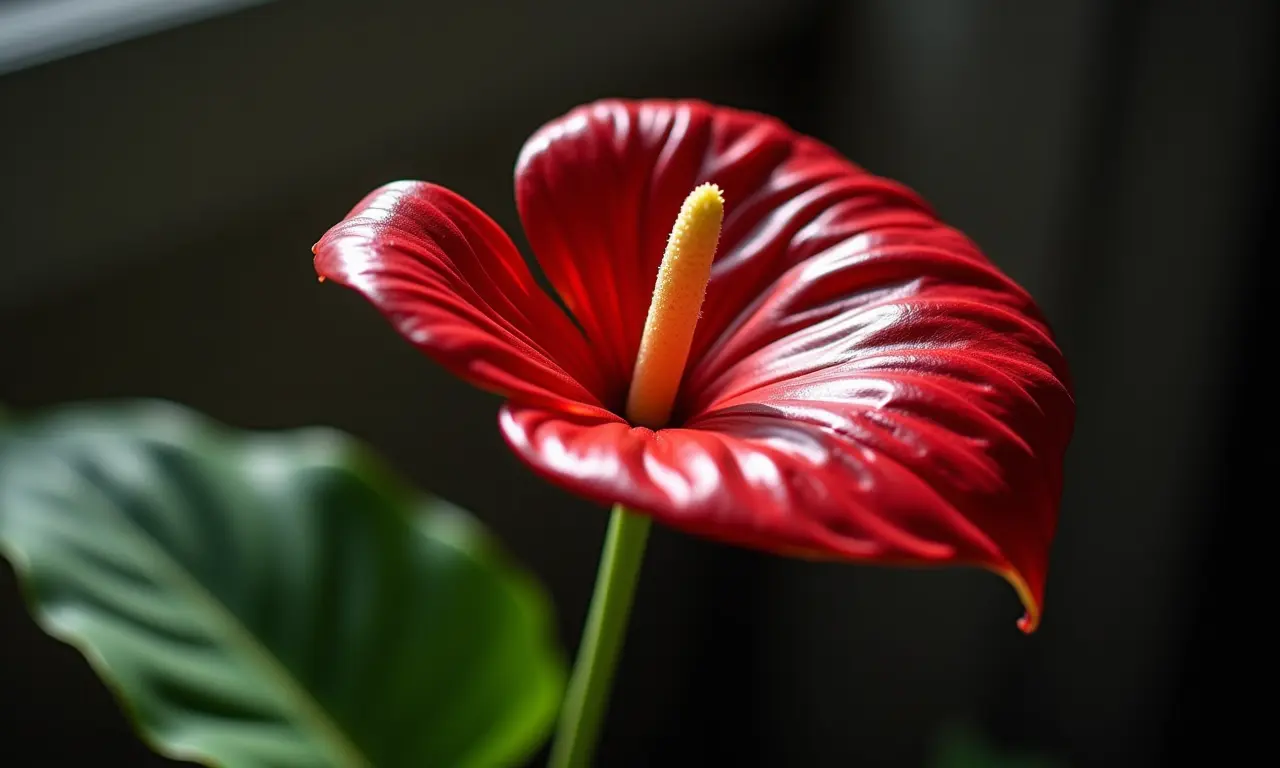 Antúrio vibrante com sua espata vermelha brilhante, irradiando cor e sofisticação.