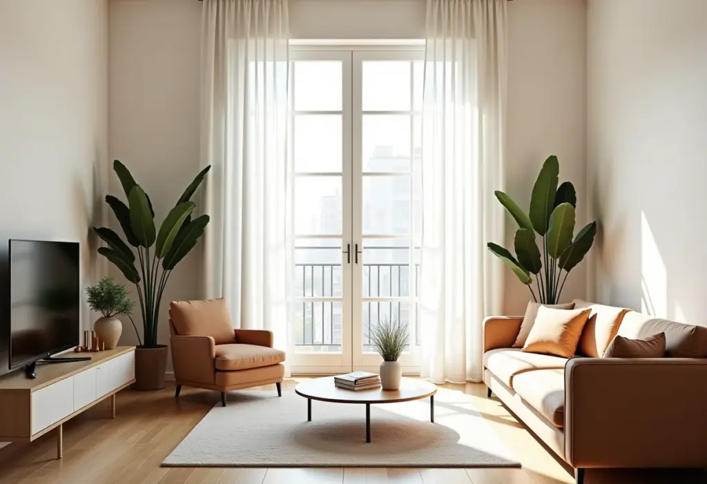 Apartamento pequeno decorado com luz natural e decoração minimalista
