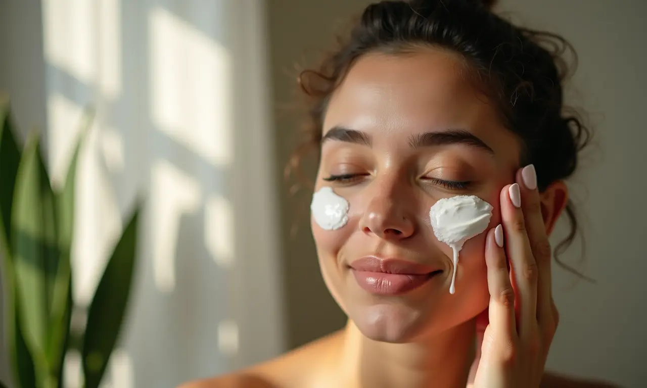 Aplicação de creme probiótico tópico no rosto para ação direta na pele.