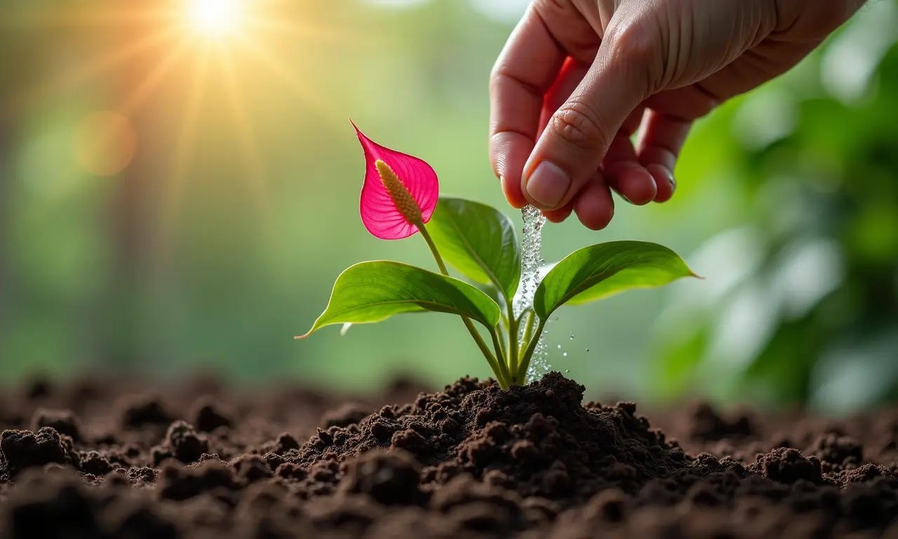Aplicando fertilizante no solo de um Antúrio para garantir sua nutrição.