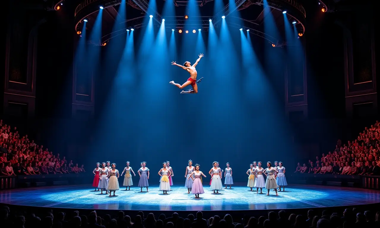 Apresentação do Cirque du Soleil em Las Vegas com acrobatas e figurinos deslumbrantes.