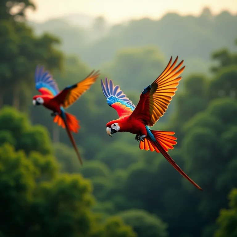 Araras voando sobre a floresta Amazônica