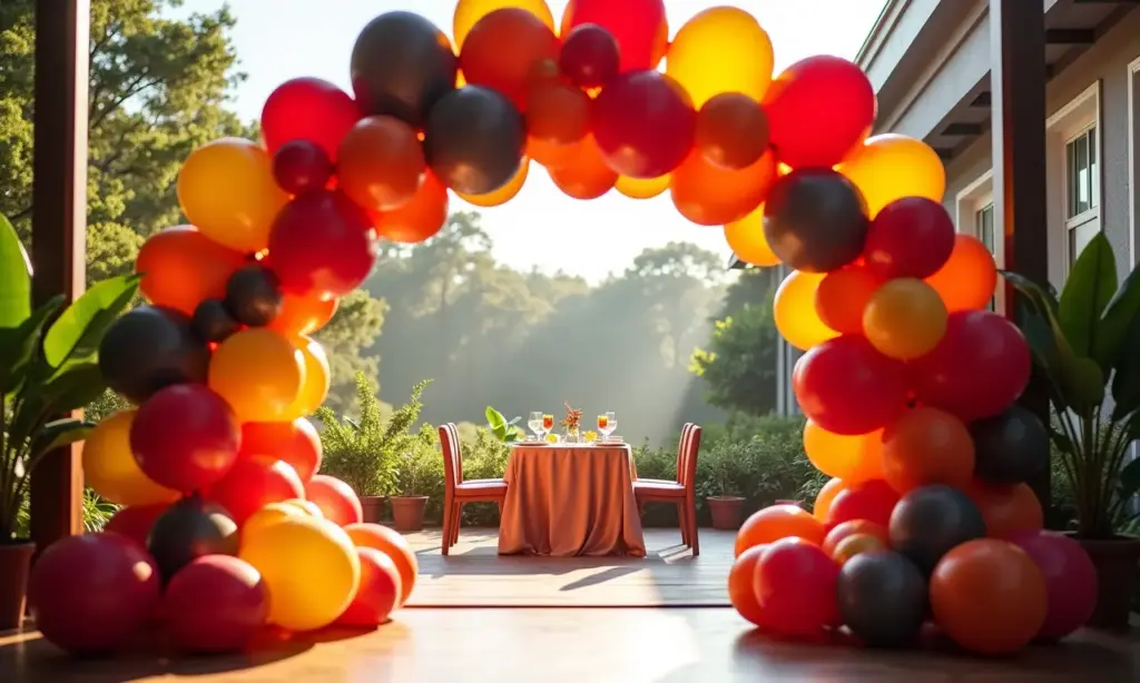 Arco de balões desconstruído em festa com decoração brasileira.