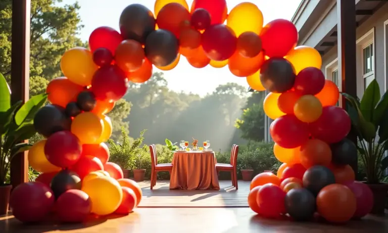 Arco de balões desconstruído em festa com decoração brasileira.