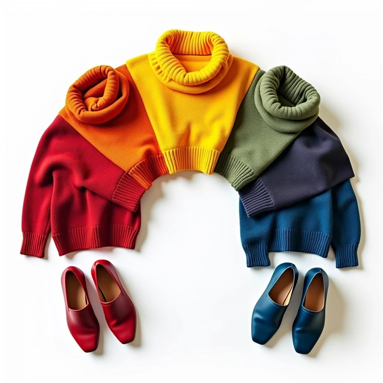 Arco-íris de roupas coloridas em um flat lay editorial