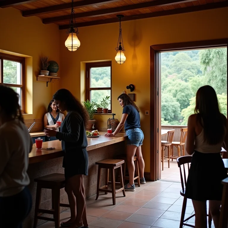 Área comum de hostel em Aguas Calientes com jovens interagindo