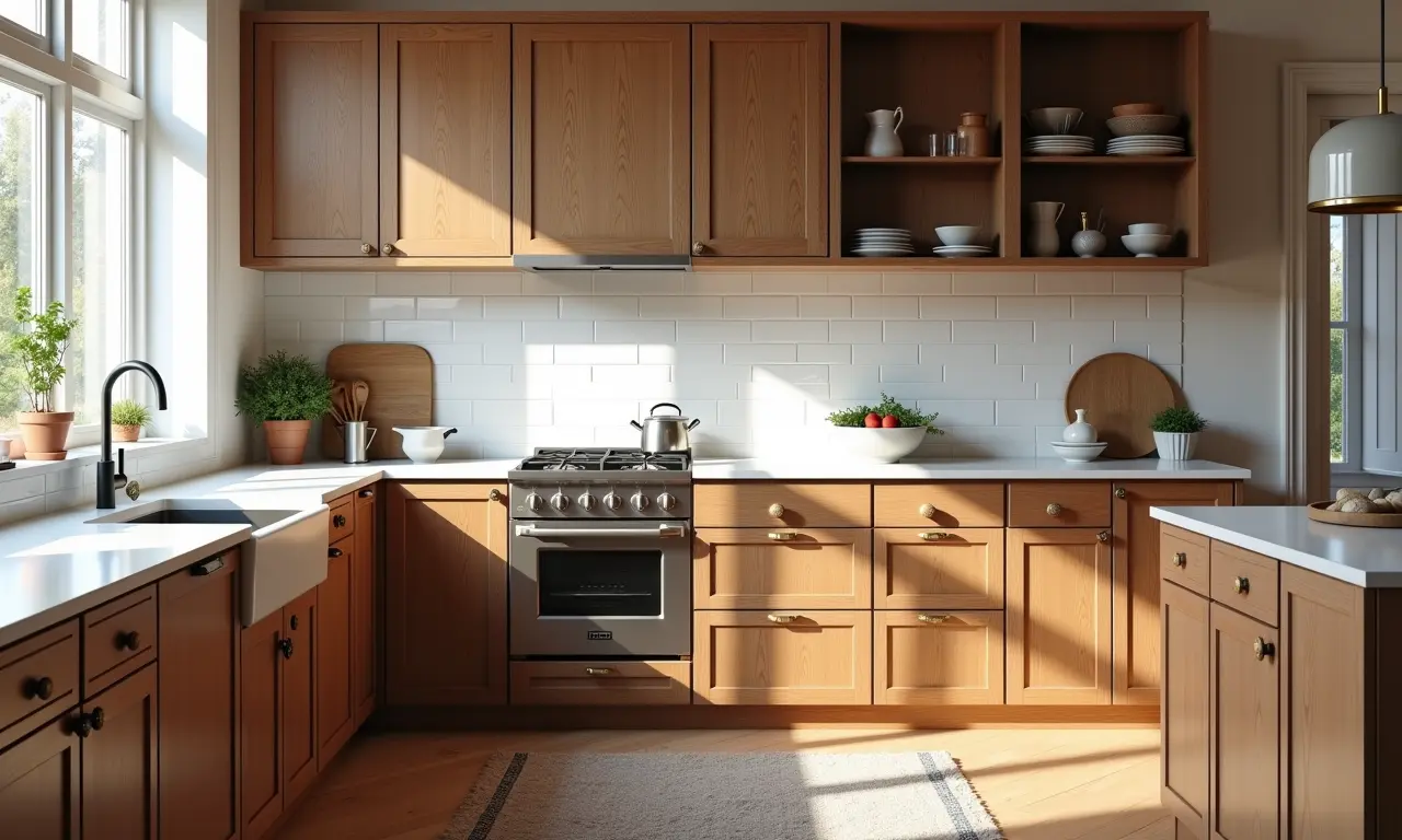 Armários de madeira maciça em cozinha clássica, sinônimo de durabilidade.