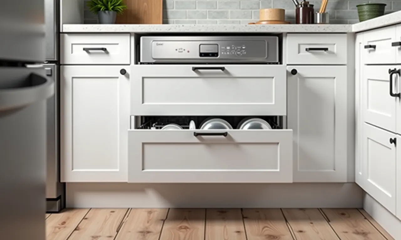 Armários e gavetas inteligentes ao redor da lava-louças em cozinha organizada.