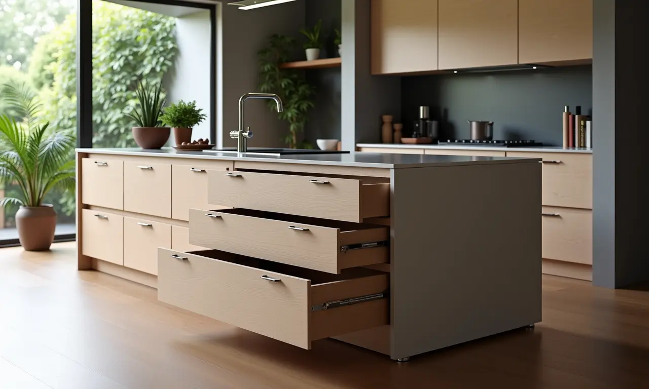 Armazenamento inteligente e organizado na ilha da cozinha.