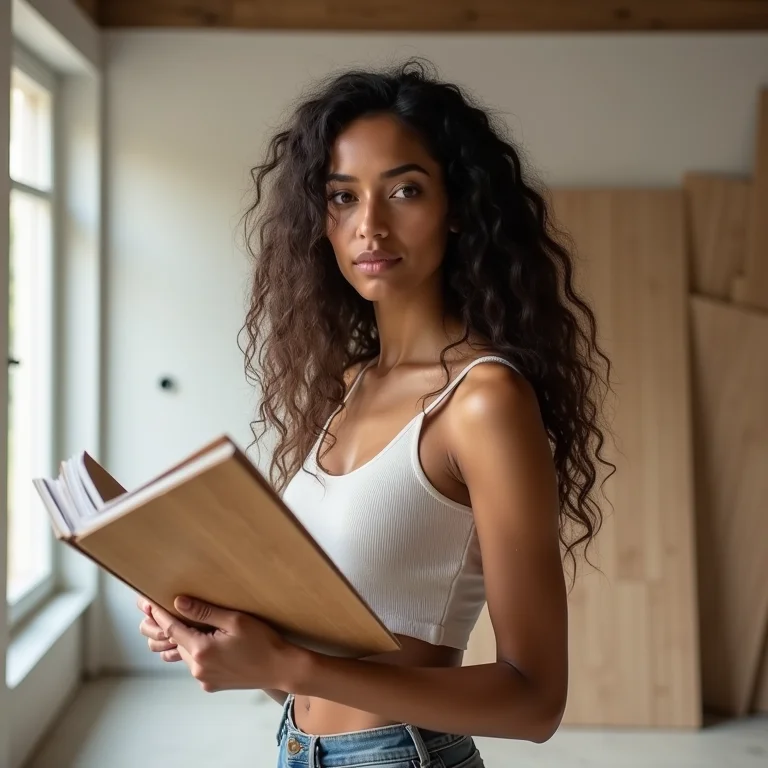 Arquiteta segurando amostras de piso vinílico