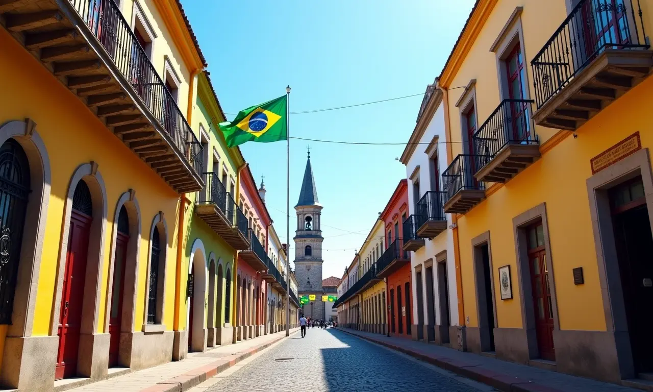 Arquitetura colonial e ruas charmosas do Centro Histórico de São Pedro, dia ensolarado.