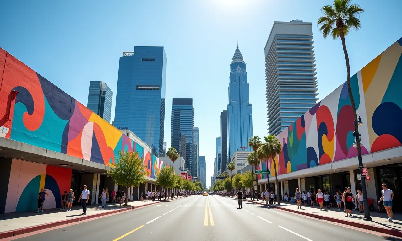 Arquitetura moderna e arte urbana vibrante no centro de Los Angeles.