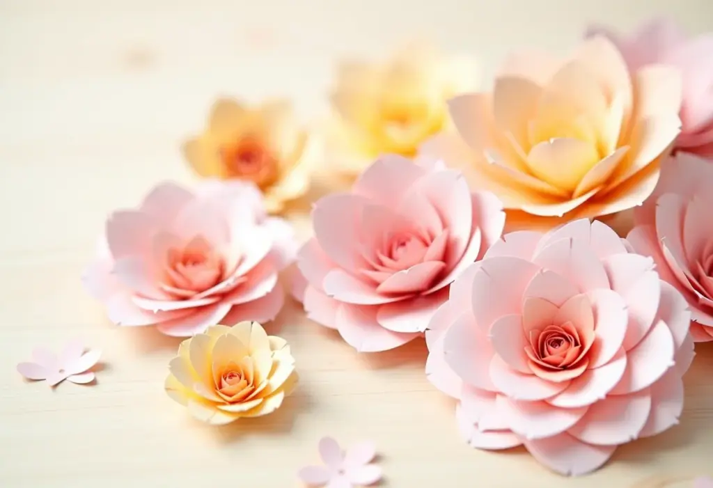 Arranjo criativo de flores de papel coloridas.