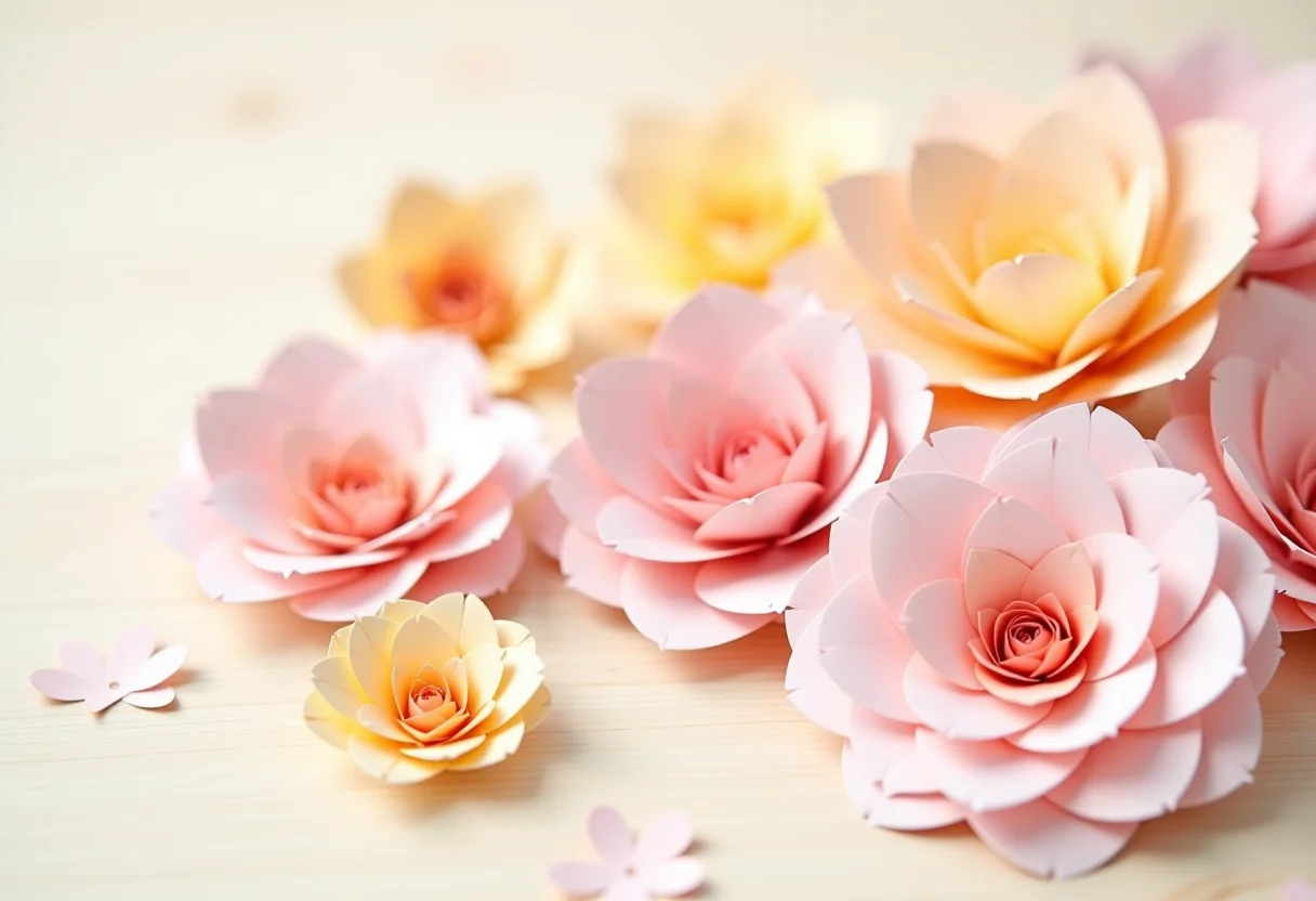 Arranjo criativo de flores de papel coloridas.