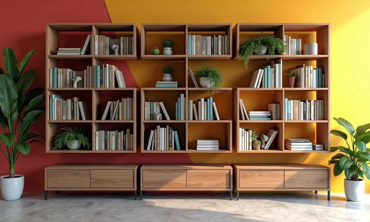 Arranjo de estantes modulares com livros e plantas em parede colorida.