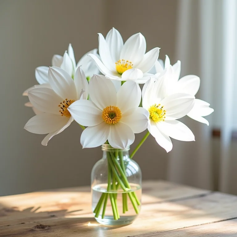 Arranjo de flores de papel brancas em um vaso de vidro sobre mesa rústica