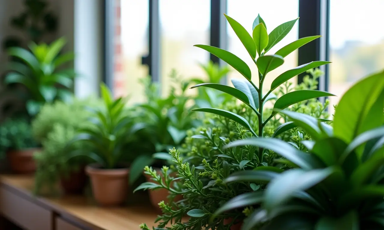 Arranjo de plantas artificiais realistas em sala de estar moderna e iluminada.