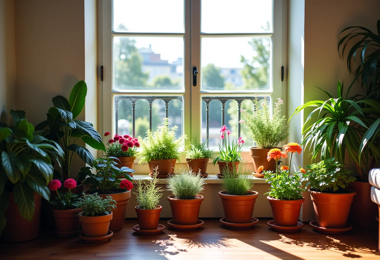 Arranjo de vasos com flores e plantas em sacada ensolarada