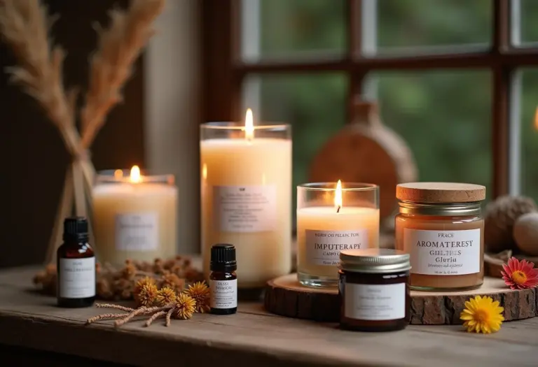 Arranjo de velas aromáticas artesanais com elementos naturais