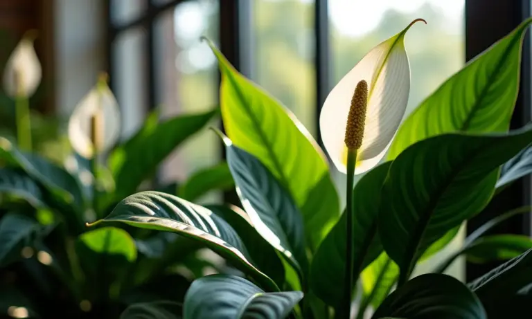 Arranjo exuberante com Lírio da Paz, Comigo-Ninguém-Pode e Antúrio em ambiente interno.