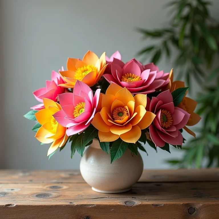 Arranjos de flores de papel coloridos em mesa rústica.