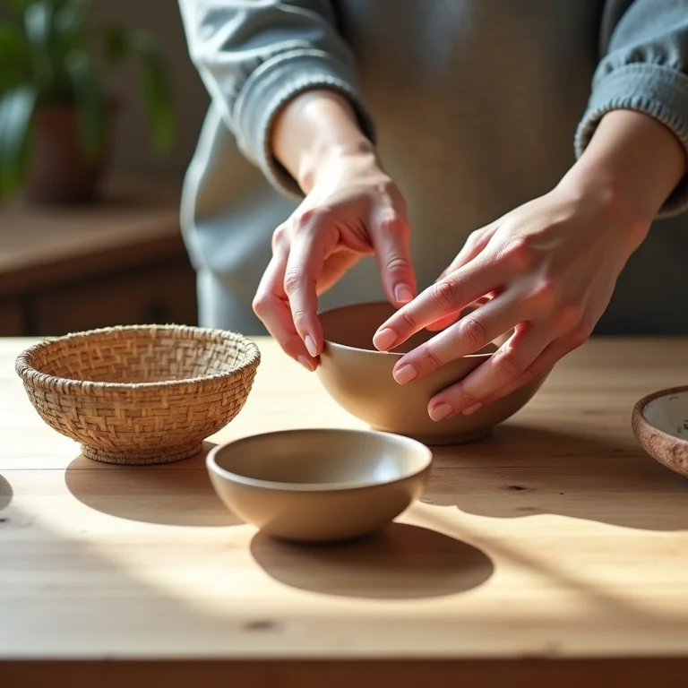 Artesã trabalhando em peças de cerâmica e cestaria.