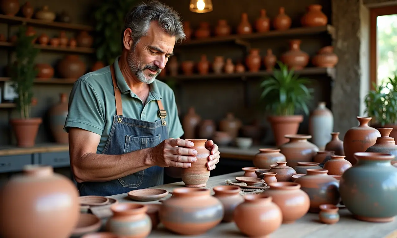 Artesão expondo peças únicas de cerâmica em Santo Antônio do Pinhal.