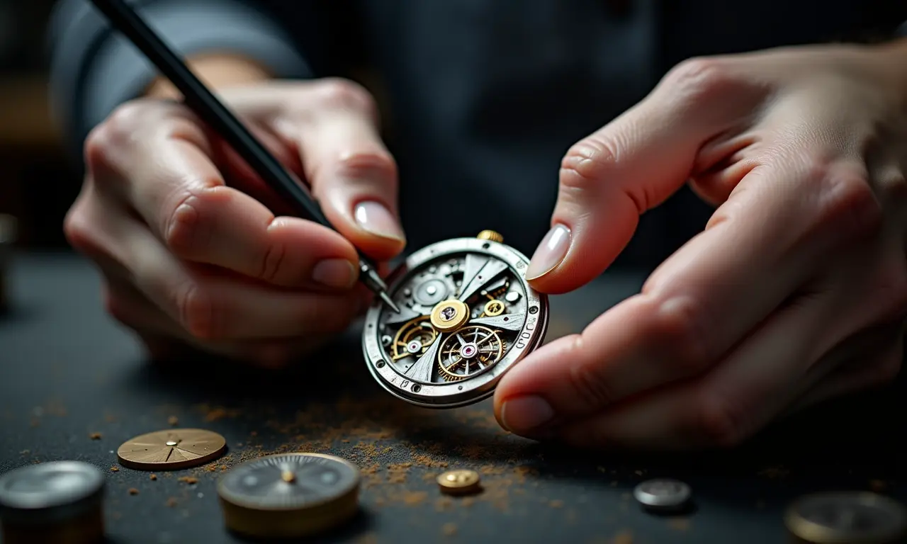 Artesão montando relógio de luxo.