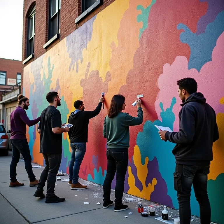 Artistas diversos pintando um mural em Bushwick, Brooklyn.