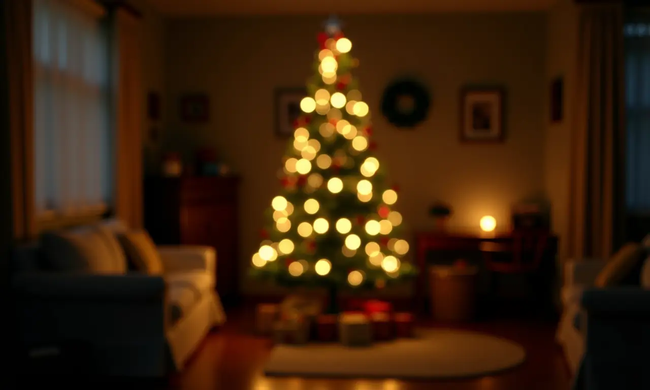 Árvore de Natal decorada com varal de luzes.