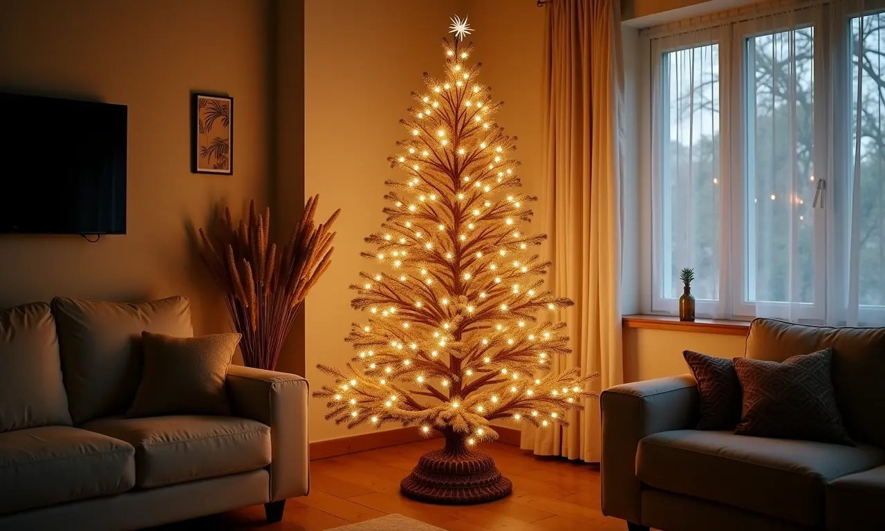 Árvore de Natal diferente feita com galhos secos iluminados em uma sala aconchegante.