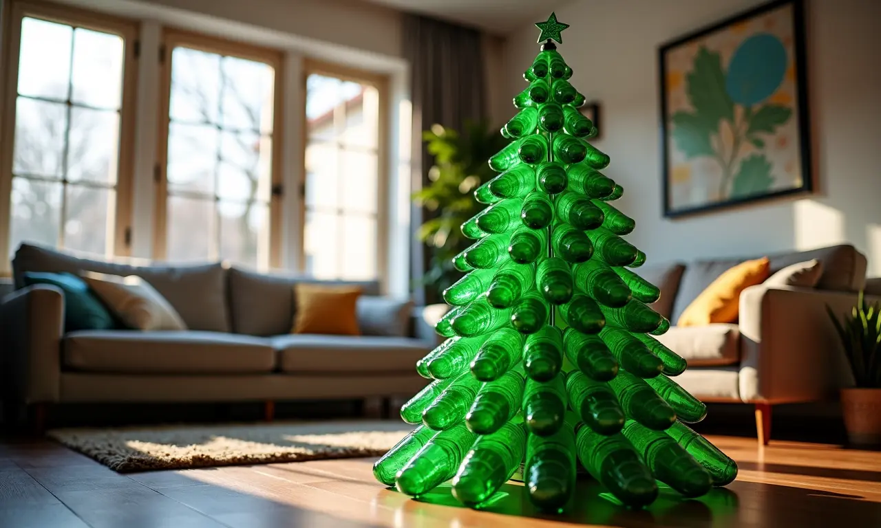 Árvore de Natal sustentável feita de garrafas PET.