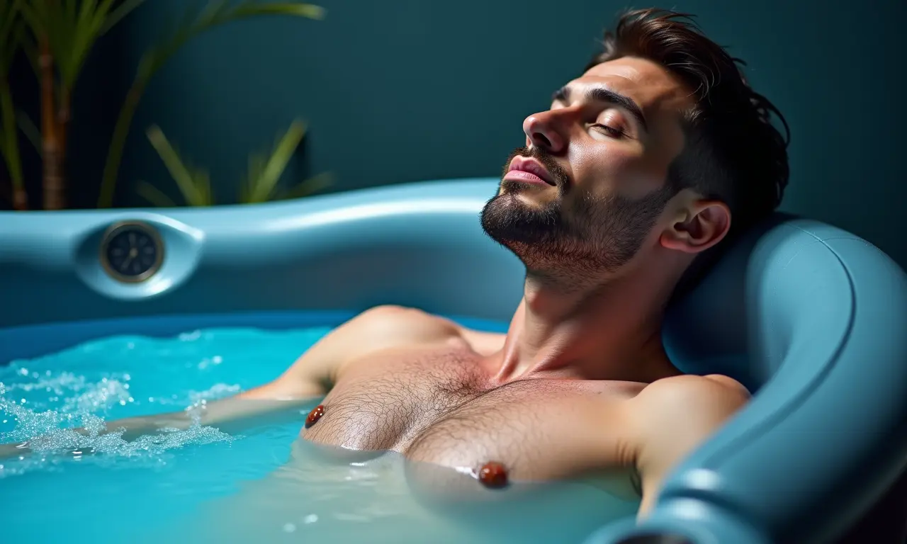 Atleta em recuperação pós-exercício com hidromassagem para relaxamento muscular.