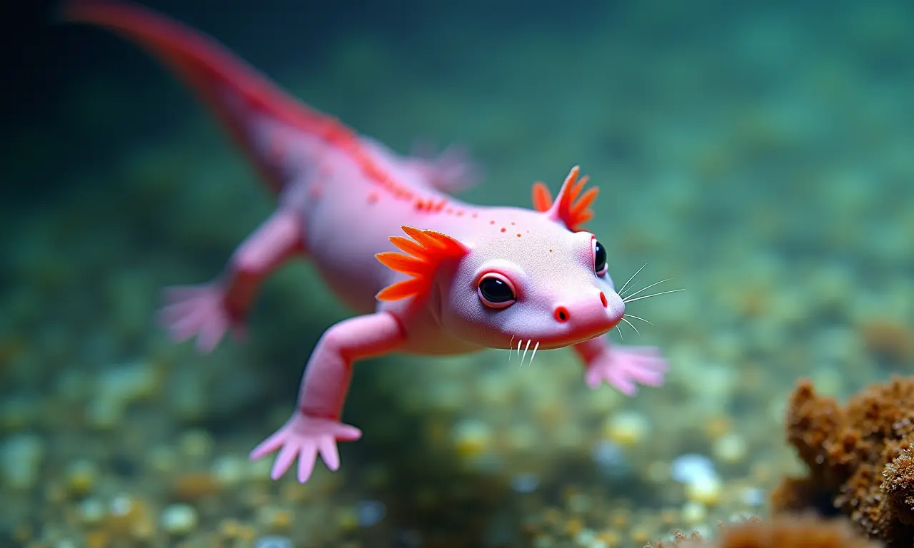 Axolote nadando em lago de água doce.