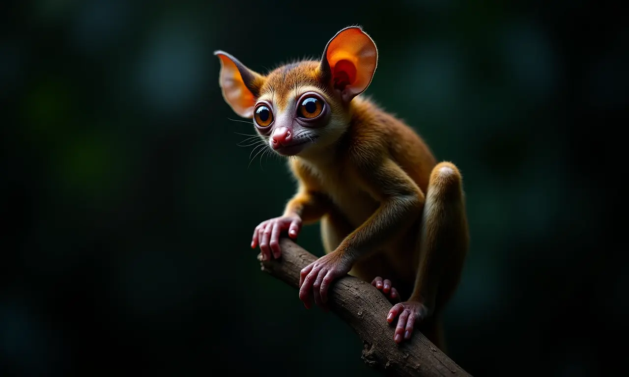 Aye-aye empoleirado em um galho à noite.