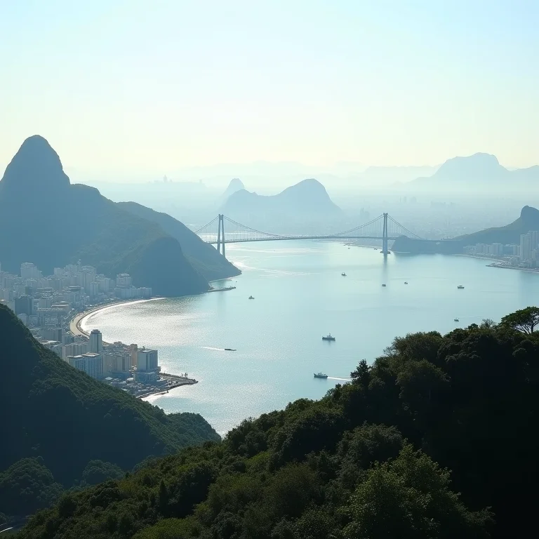Baía de Guanabara vista do Pão de Açúcar com barcos e a Ponte Rio-Niterói
