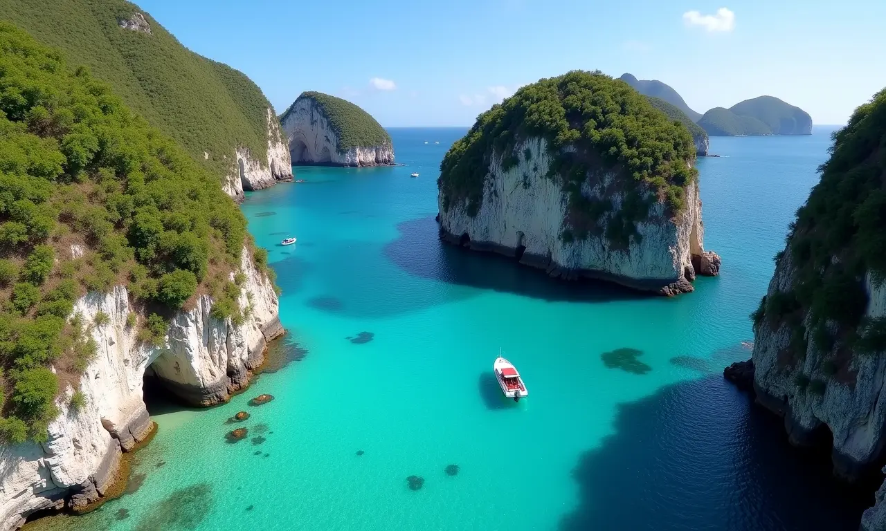 Baía do Sancho em Fernando de Noronha com águas cristalinas e falésias.