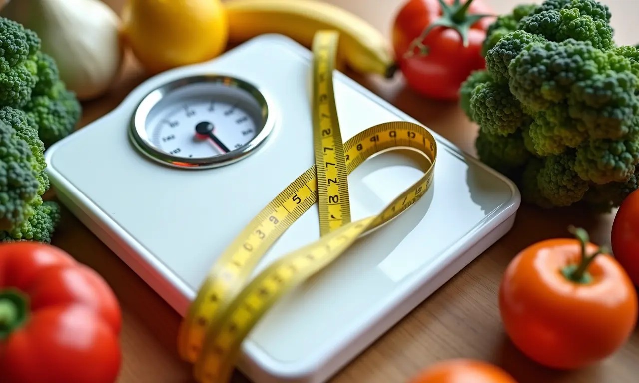 Balança com fita métrica em volta, ao lado de comida saudável.