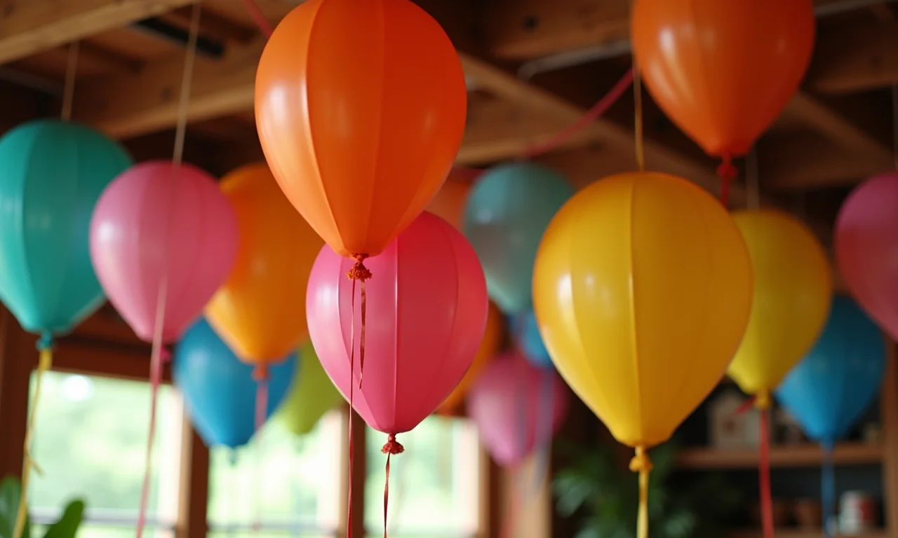 Balões de papel coloridos decorando o teto de uma festa junina.