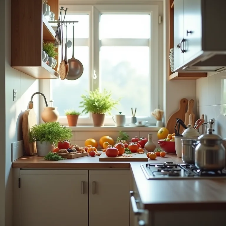 Bancada de cozinha americana pequena e desorganizada