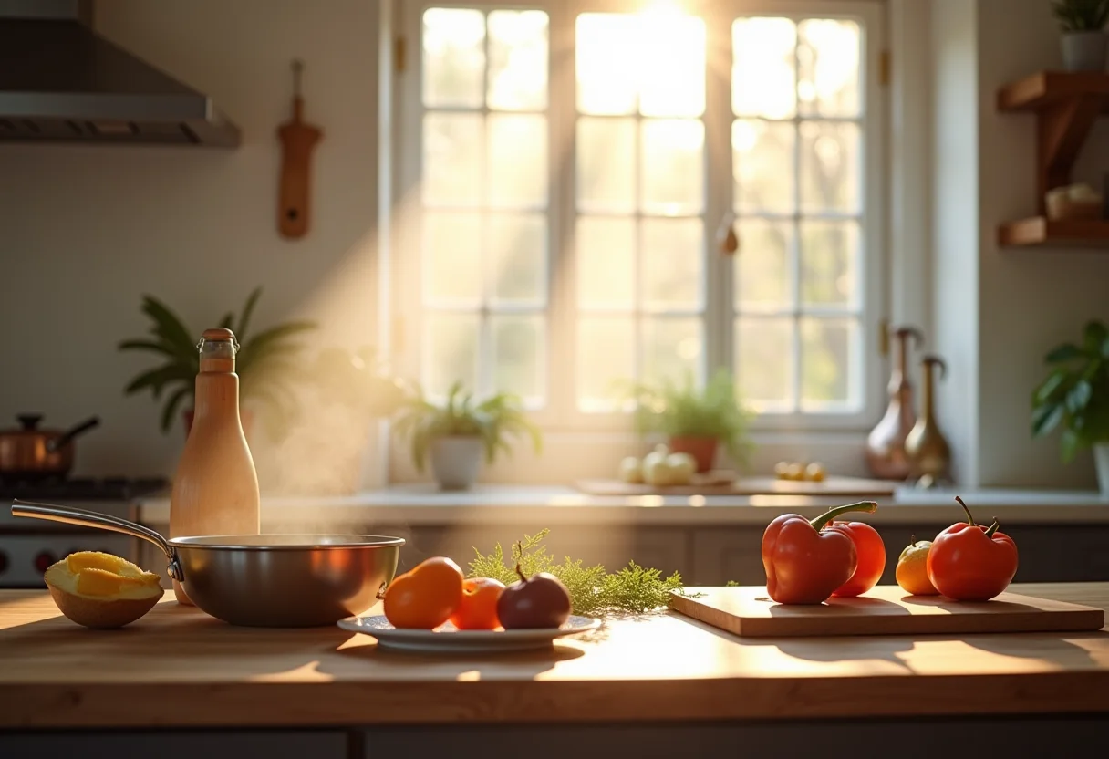 Bancada de cozinha iluminada com ingredientes e utensílios
