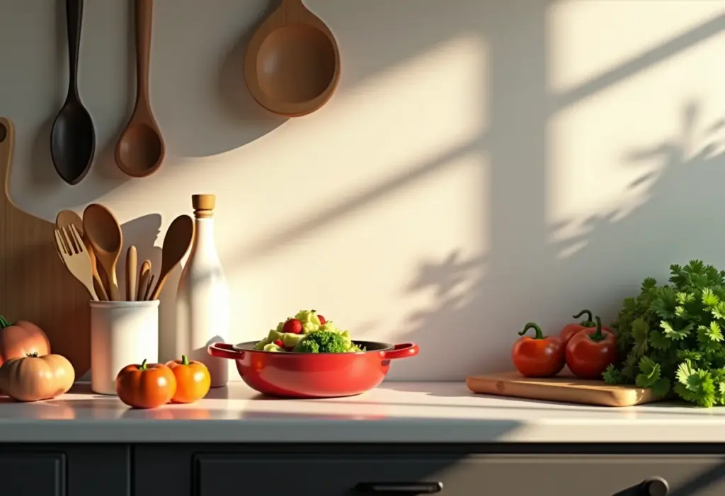 Bancada de cozinha iluminada com utensílios e ingredientes frescos