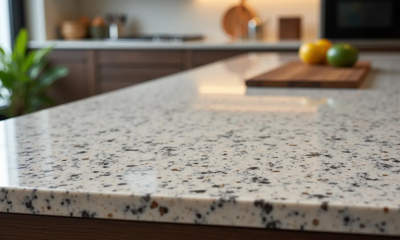 Bancada de granito em cozinha provençal.