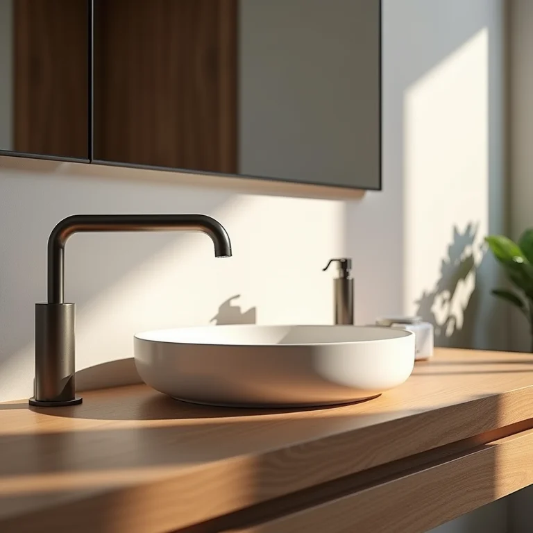 Bancada de madeira elegante em banheiro moderno