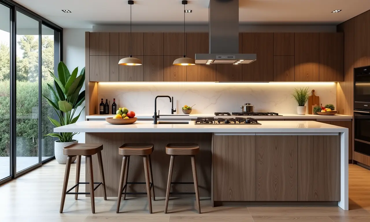 Bancada de quartzo integrando cozinha e sala de jantar.