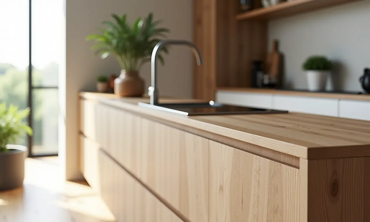 Bancada estreita em cozinha compacta, design minimalista e madeira clara.