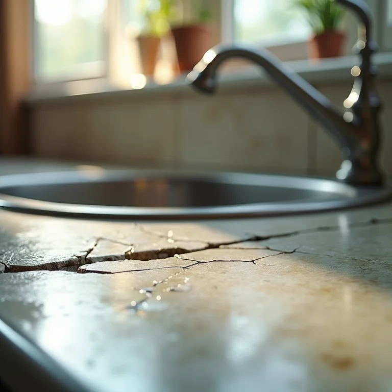 Bancada rachada e descascando e pia gasta.