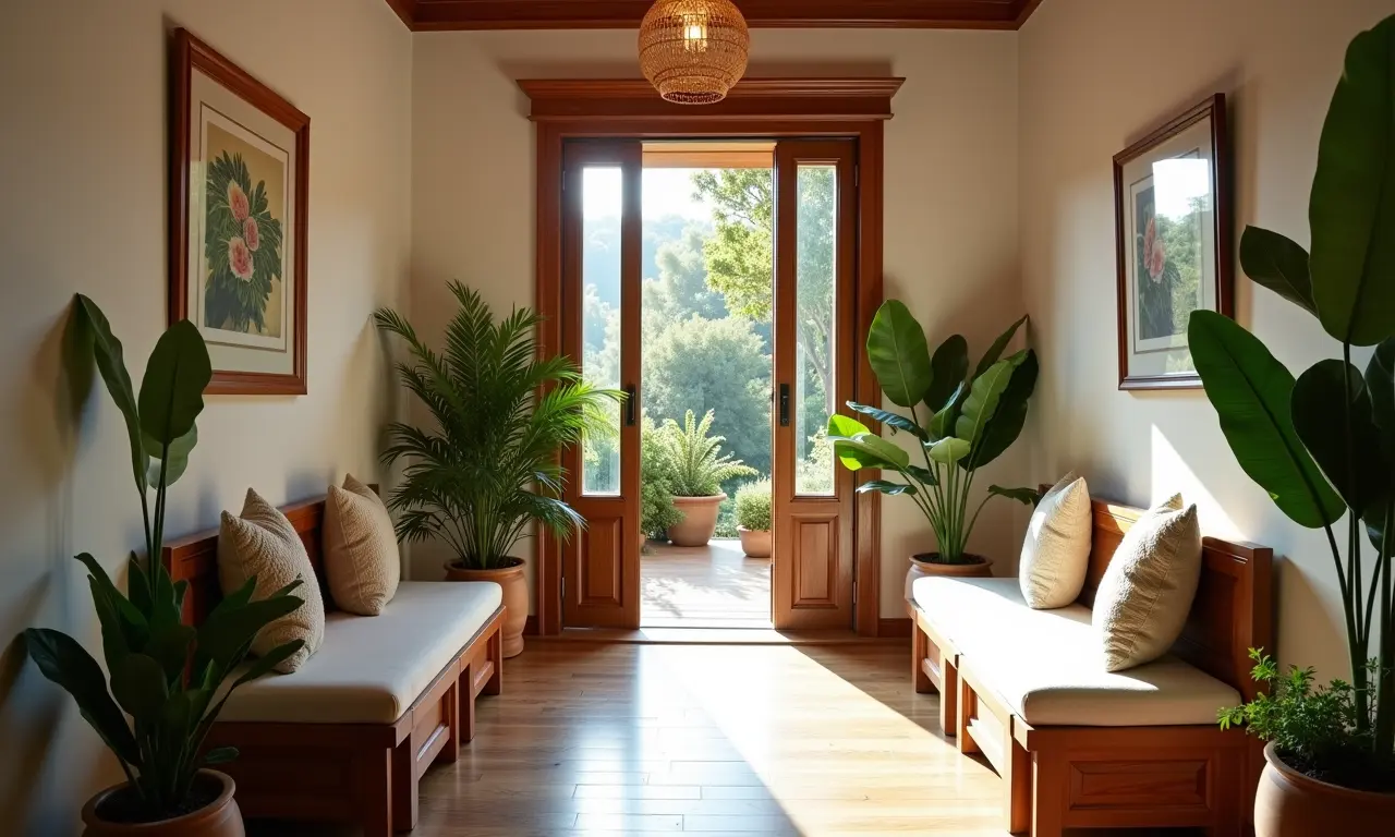 Bancos com baú na entrada de um apartamento, com plantas e decoração.