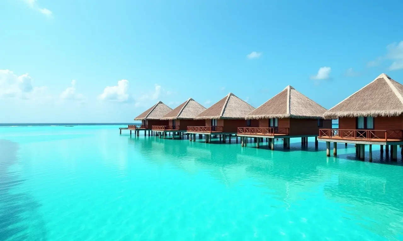 Bangalôs sobre a água nas Maldivas com água cristalina e céu azul.